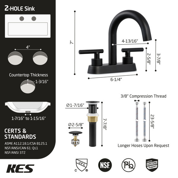 KES Bathroom Faucet Matte Black Vessel Sink Faucet for Bathroom Sink 2 2024 Handles 3 Holes Modern Centerset Vanity Faucet 4-Inches Brass